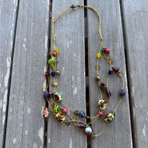 Artsy Eye Catching Boho 3 Tier Colorful Painted Animal And Flower Bead Necklace